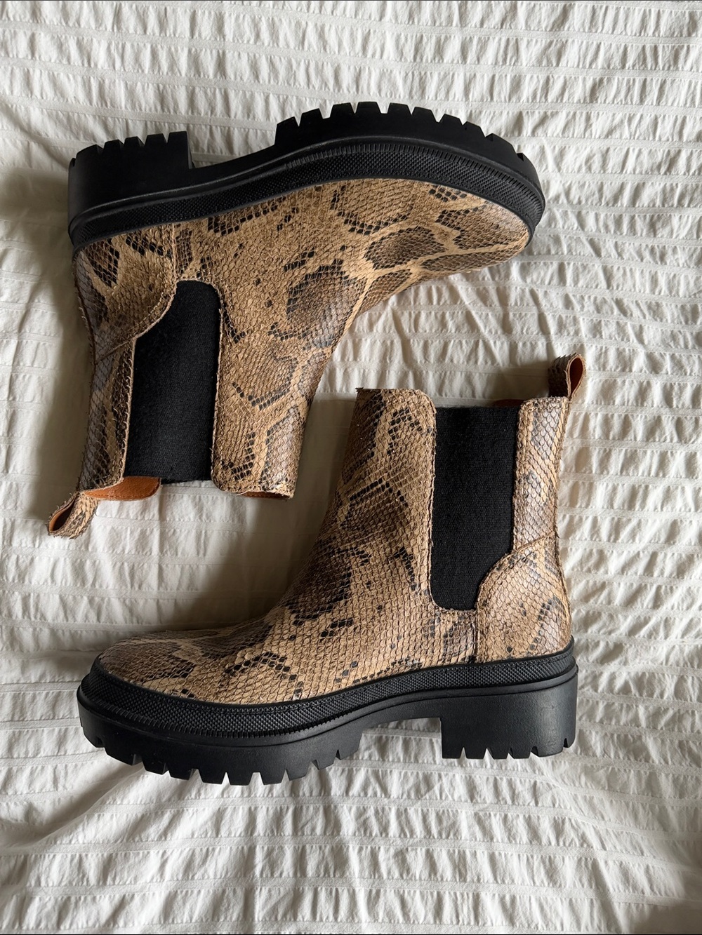 Lucky Brand Tan Snake-Print Chelsea Lug Boots